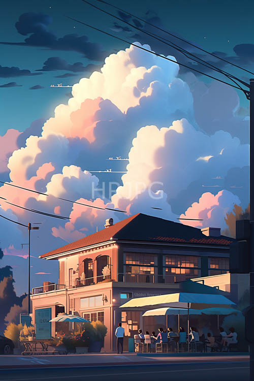 sunset over twostory buildings with redtiled roofs in a blue sky ablaze with fluffy clouds
