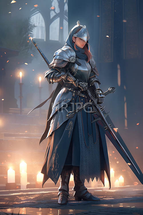 cascading locks frame imposing figure in dimly lit cathedral with ornate armor