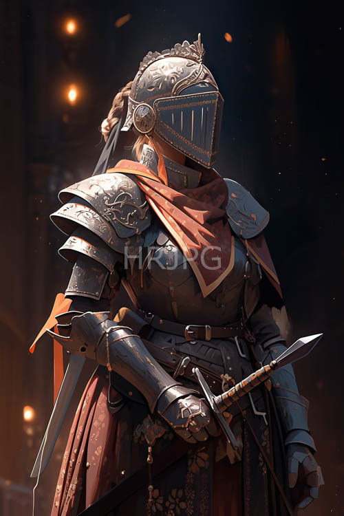 forged armor of interlocking metalwork on the knights physique in flickering torchlight