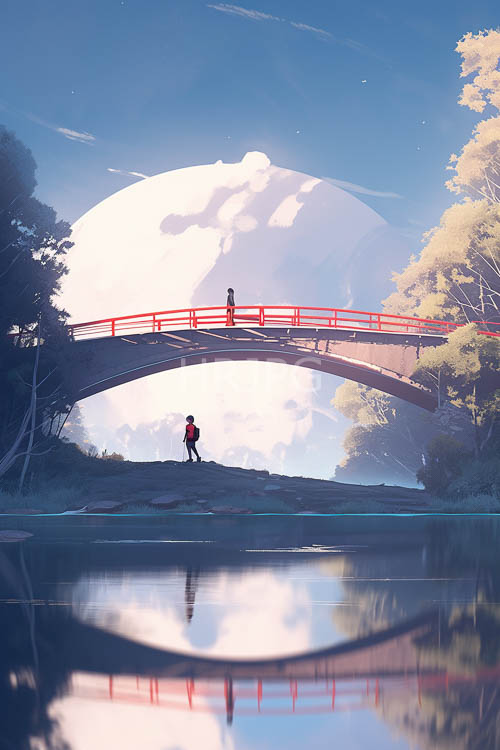 red and black attire strides across arched bridge under clear blue skies