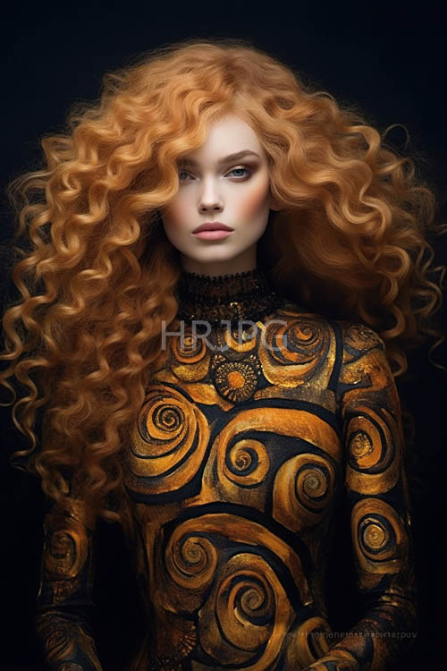cascade of crimson hair down womans back in ornate gold and black patterned attire amidst somber backdrop