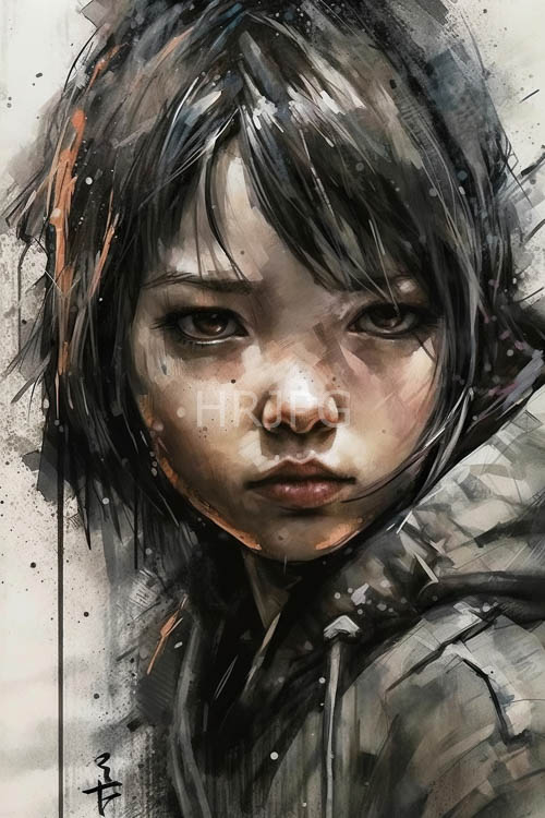 mysterious girl with piercing gaze in dimly lit urban alleyway