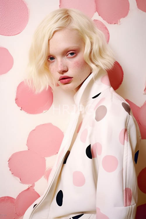 High Resolution: Wavy blonde woman stands out in subtle relief amidst pastelpink circular pattern download. | HRJPG.com
