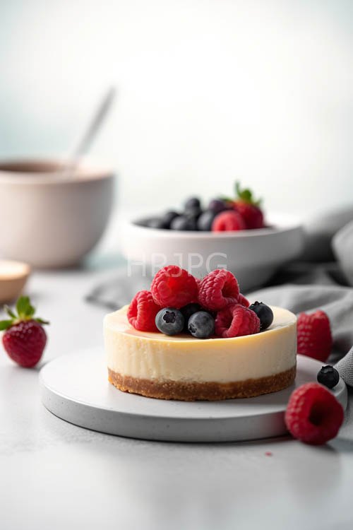 juicy raspberries adorn delicate edges of creamy cheesecake in dessert bowl display