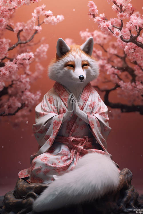 fox assumes lotus position on weathered rocks amidst cherry blossoms