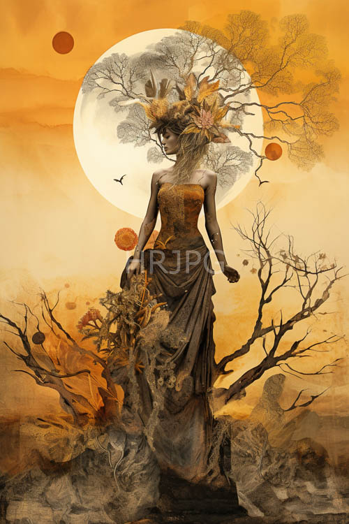 floral patterns entwined in earthy dress underneath orangehued celestial glow at dusk