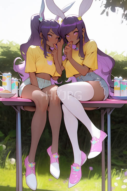 girls deep purple locks flow down weathered wood benches amidst sunfaded neighborhood delights
