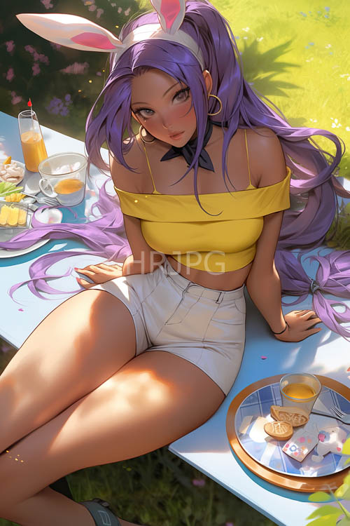 High Resolution: Purple hair swirls over blue wooden picnic tables download. | HRJPG.com