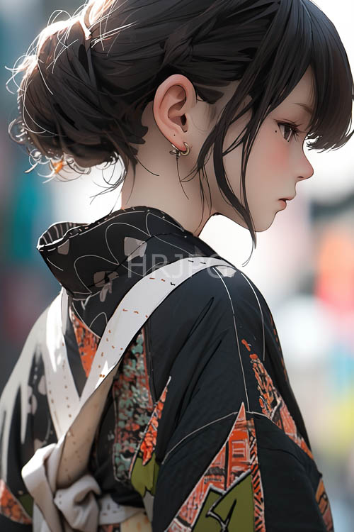 High Resolution: Japanese traditional robes cascade down dark hair in focus download. | HRJPG.com