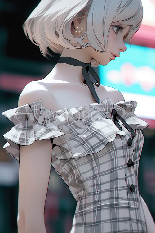 plaid offshoulder dress hexagonal pattern and delicate earring in muted morning light