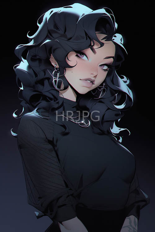 deep bluegray hues contrast pale skin and wavy black hair