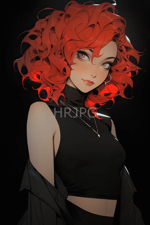 High Resolution: Fiery Red Curls Tumble Down Inky Black Backdrop Morning Dew Kissed Skin download. | HRJPG.com