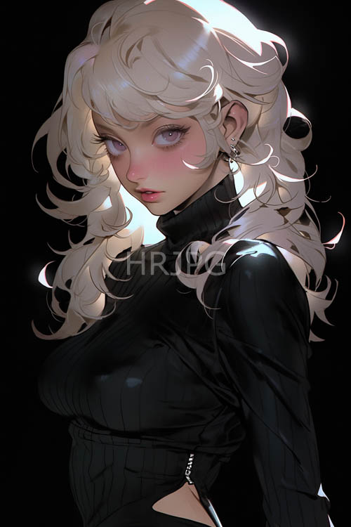 hair cascades in loose wavy spirals against a backdrop of pale porcelainlike complexion