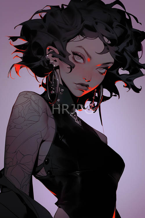 androgynous figure adorned in intricate arm tattoos and ornate earrings in deep purple setting