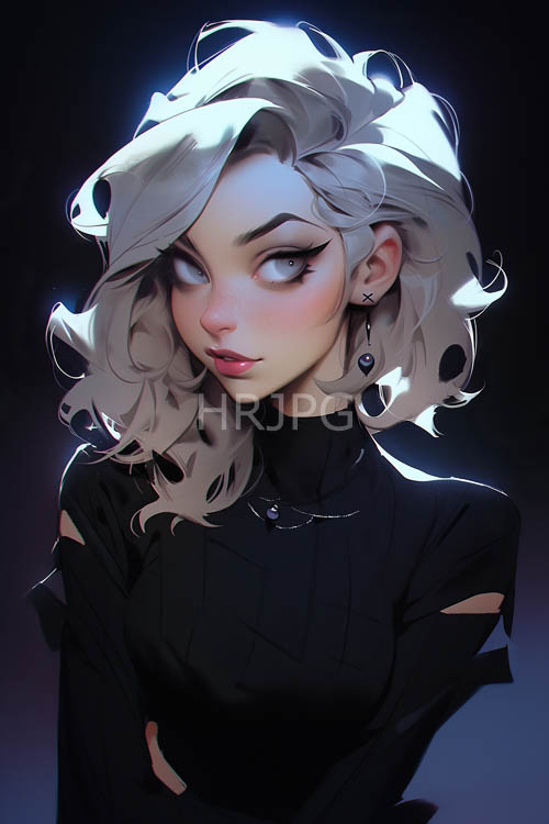 animestyle young woman in inky black background with fitted turtleneck dress and platinum locks