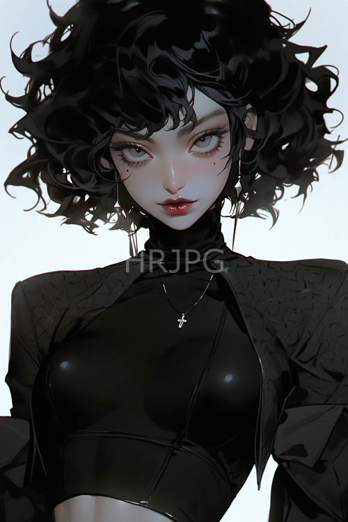 angular woman in determined with piercing green eyes and curly black hair