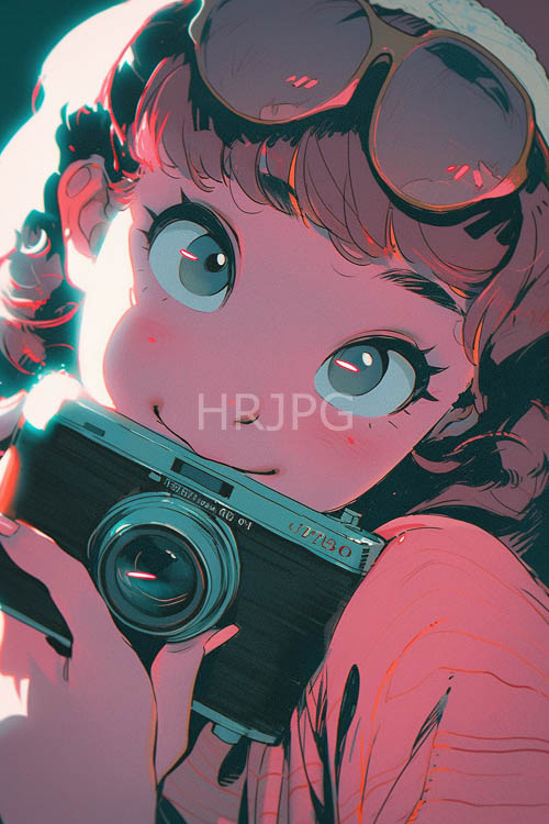 curly brown hair frames portraits holding vintage camera bodies