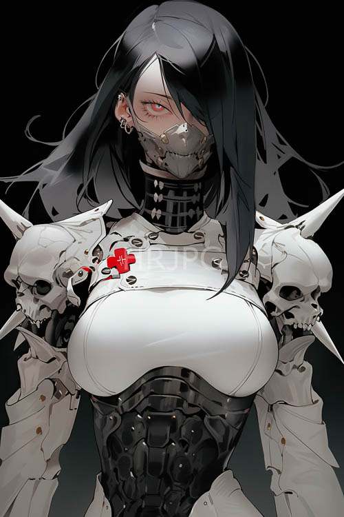 cybernetic armor accentuated by cobaltblue filigree amidst dimly lit mechanical surroundings