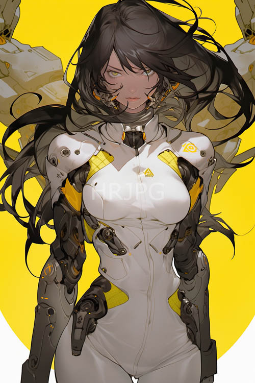 mechanical armor plating encases womans torso reflecting angular light shards in yellow