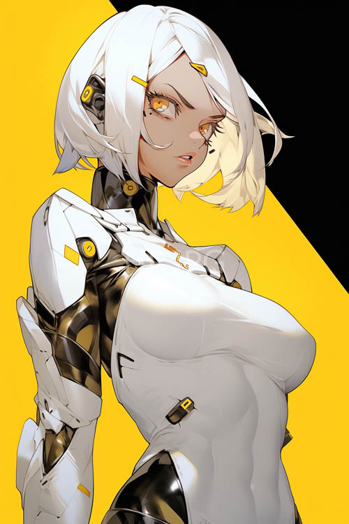 androids slender figure shines against diagonal yellowblack background with intricate blackwhite design