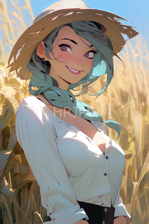 High Resolution: Wheat fields sway beneath cascading teal braids adorned with woven straw hat download. | HRJPG.com