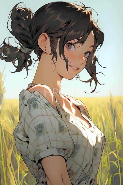 wavy wheat fields with emerald stalks and plaid shirts in morning sunlight