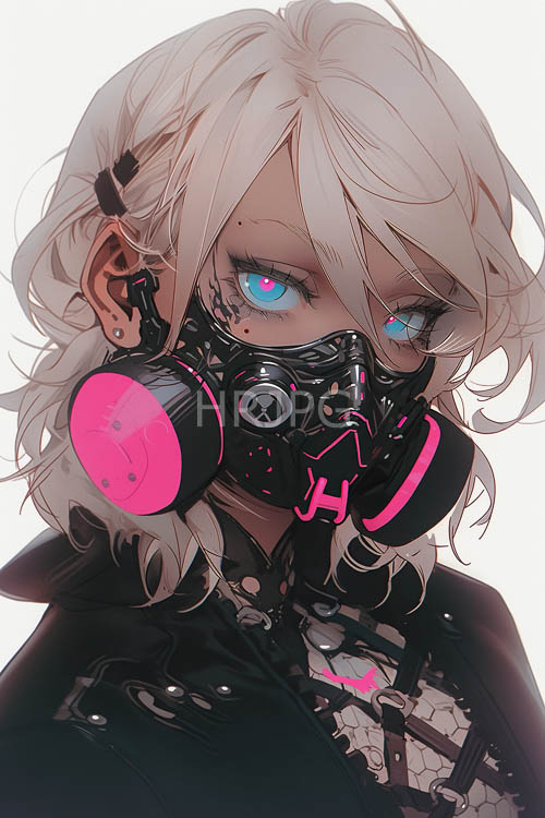 mysterious angular lines frame heterochromatic face with piercing blue gaze and platinum blonde tangles