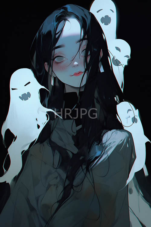 animestyle girl surrounded by ethereal forms in dampened muted urban alleyway at dawn