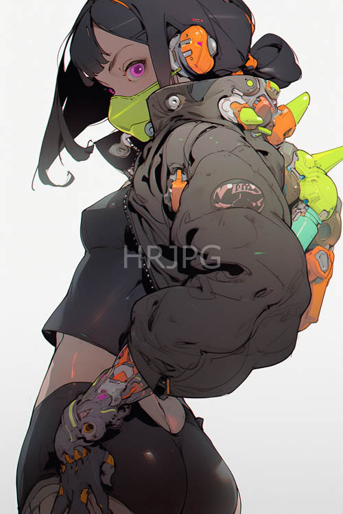 animestyle drawing of striking woman with cybernetic limbs and distinctive tattoos in urban setting