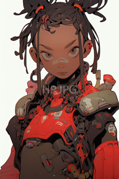 mechanical armor encases shoulders of a woman with intricate gearadorned dreadlocks