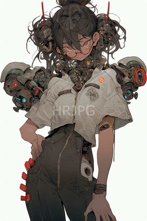 mechanical animeinspired girl stands amidst industrial machinery with contrasting colors
