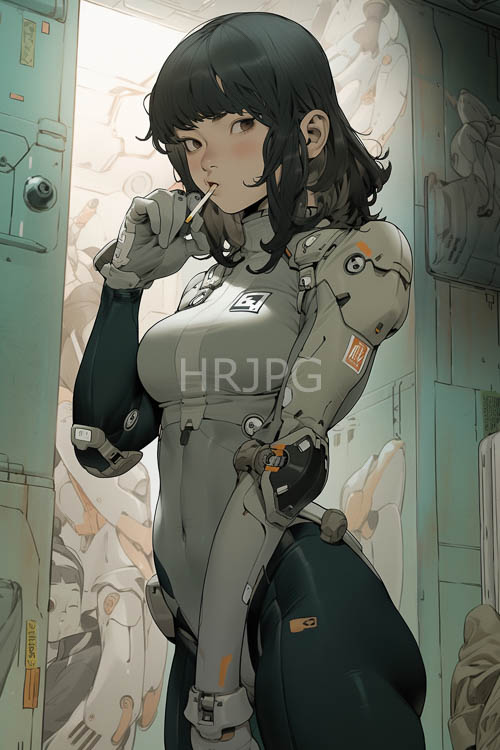 darkhaired woman gazing out into cosmic expanse with determined expression