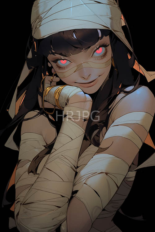 layers of pristine white bandages frame a dark figure against inky black backdrop