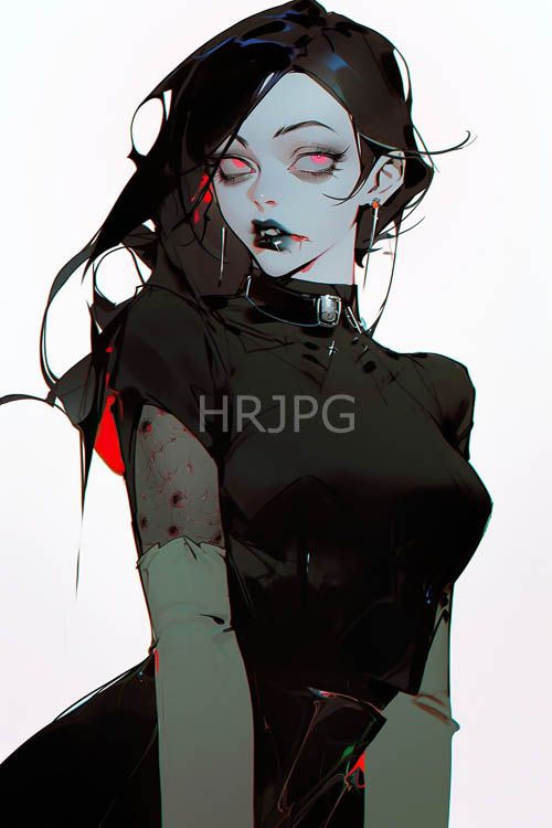 locks of dark hair cascade down pale face in dimly lit somber setting