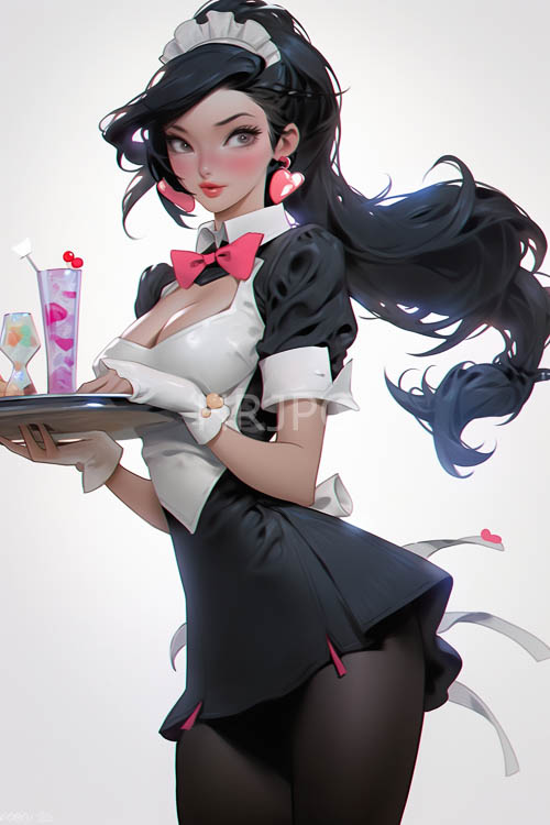 animestyle young woman stands out in dimly lit corridor with striking features and revealing maid attire
