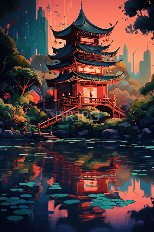 High Resolution: Mosscovered stones line the ponds edge worn by waters subtle caress beneath ancient pagodas tiered foliage download. | HRJPG.com