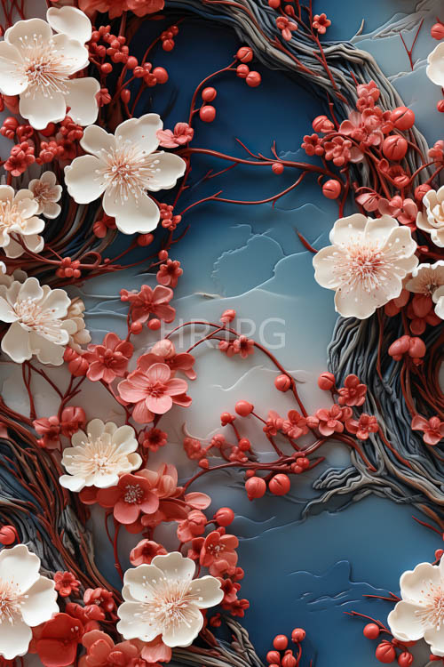 cherry blossom dance against deep blue and grayishbrown branches unfolding
