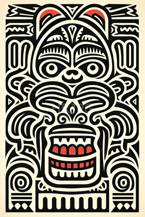 facial features emphasized with geometric patterns and rectangular borders in a tribalstyle design