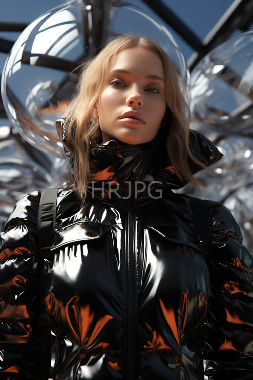 floral patterns intricately embroidered on shiny black puffer jackets against cerulean sky and industrial setting