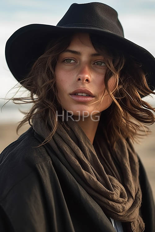 fading light accentuates young womans effortless beachside pose with wavy hair
