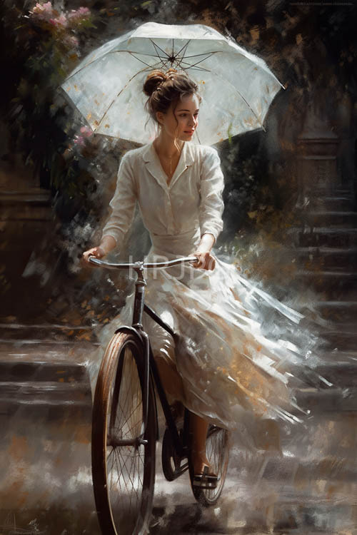 rainy day cyclist with porcelainlike complexion on vintage bicycle amidst lush greenery