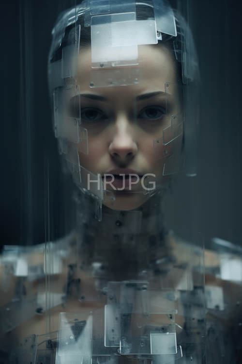 womens gaze intersects with kaleidoscope of colors etched into transparent surfaces
