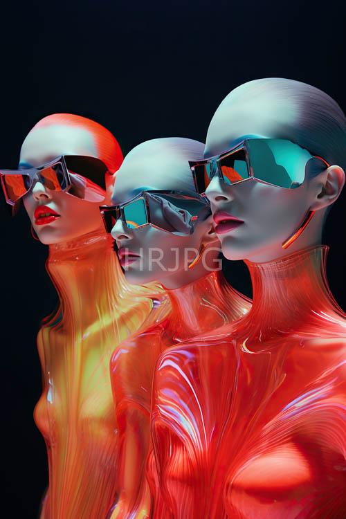 androgynous figures illuminated by intense light on dark backdrop with stark contrasts