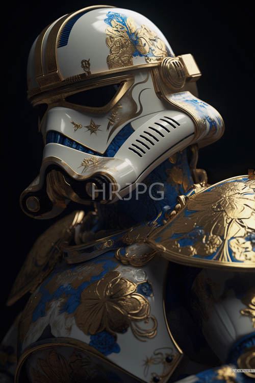 stormtrooper helmets showcase gold filigree on blue crests