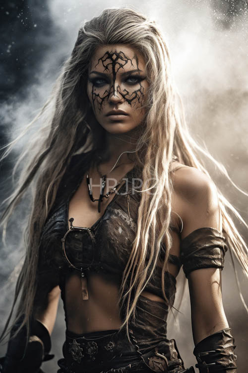 muscular woman stands amidst misty smoke swirls intricate face paint and worn leather armor