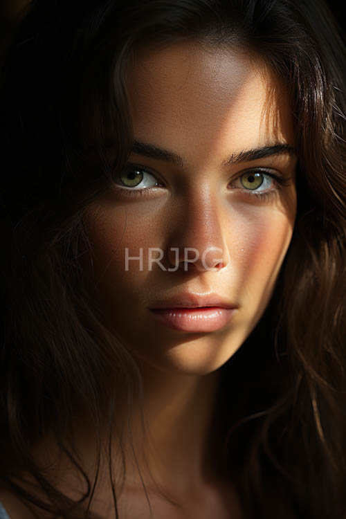 olive skin glows warmly in gentle illumination on green eyes set in dark brown hair