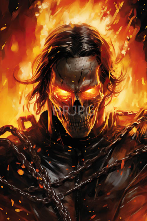 skeletal humanoid amidst inferno conflagration of orange and yellow flames in industrial setting