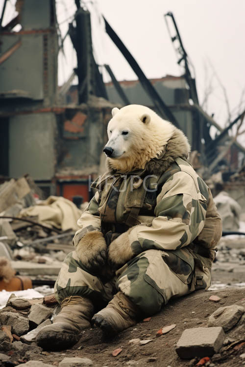 polar bear amidst ruins of melted steel and charred wooden frameworks under overcast skies