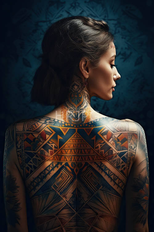 tribal tattoos cover facial profiles on blue textured surfaces