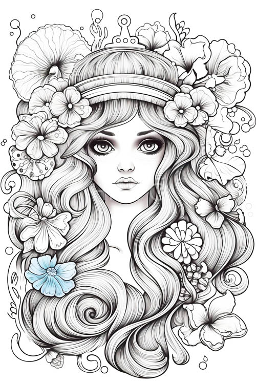 casual flow of tresses with intricate floral motifs and intense indigo eyes